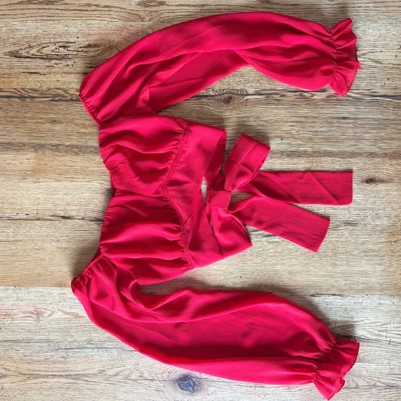 Vibrant Red Off shoulder Crop Top with Tie Back - Picture 3 of 5